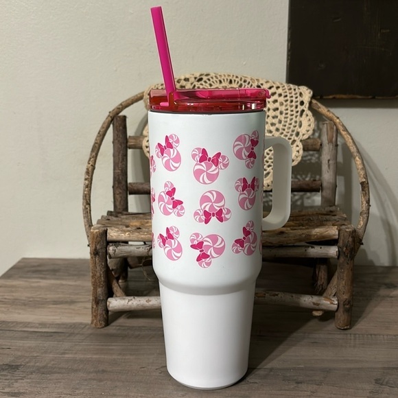 NWT DISNEY ZRIKE BRANDS MINNIE MOUSE PINK PEPPERMINT CHRISTMAS TUMBLER W/STRAW - Picture 1 of 10